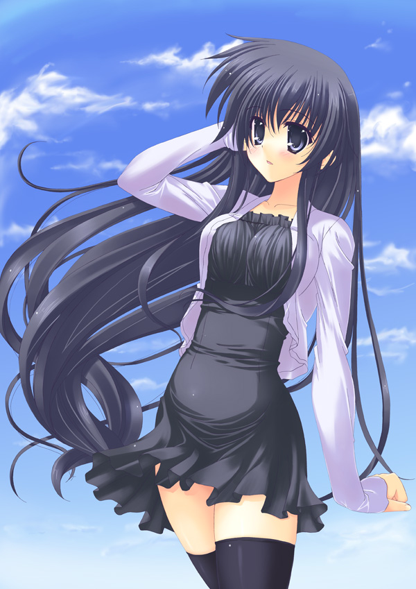 rappa (rappaya), original, 1girl, black eyes, black hair, blue eyes, casual, cloud, day, dress, female focus, long hair, short dress, sky, solo, thighhighs, very long hair, zettai ryouiki