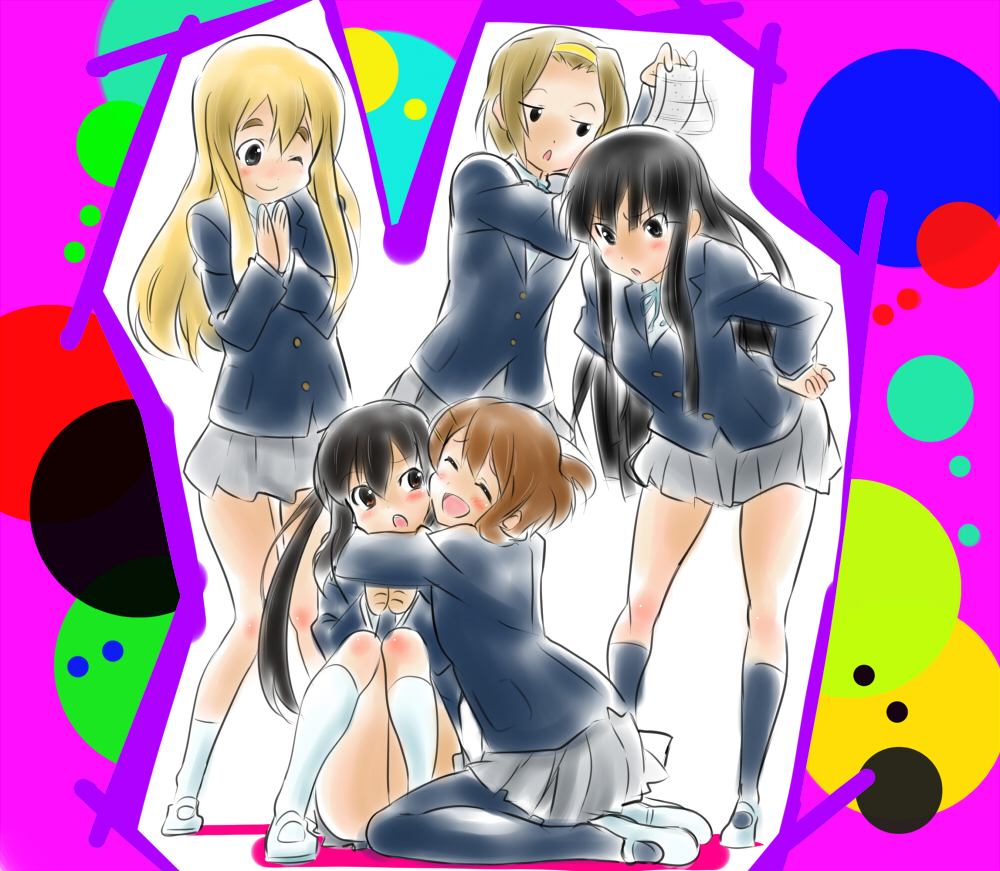 mas (5734ghji), akiyama mio, hirasawa yui, kotobuki tsumugi, nakano azusa, tainaka ritsu, k-on!, 00s, 5girls, black hair, blonde hair, brown hair, ho-kago tea time, hug, long hair, multiple girls, one eye closed, pantyhose, school uniform, short hair, twintails, wink
