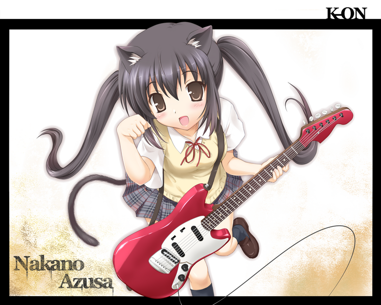 utamaru (konomix), nakano azusa, k-on!, 00s, 1girl, animal ears, black hair, brown eyes, cat ears, cat girl, cat tail, female focus, guitar, instrument, long hair, mustang (guitar), paw pose, school uniform, solo, sweater vest, tail, twintails