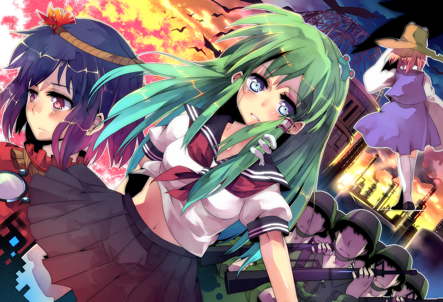 kimino tomonari, kochiya sanae, moriya suwako, yasaka kanako, touhou, 3girls, alternate costume, blue eyes, blue hair, breasts, female focus, green hair, hair ornament, hairclip, hat, kneehighs, leaf, long hair, long sleeves, medium breasts, multiple girls, orange hair, outstretched arm, pink eyes, pleated skirt, red eyes, ribbon, school uniform, serafuku, short hair, skirt, sleeves past wrists, socks, tears