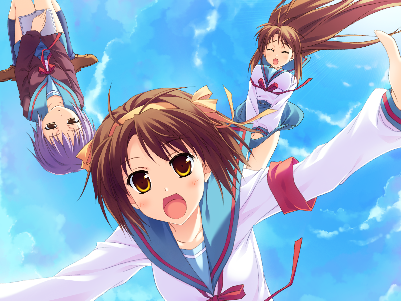hinata nao, asahina mikuru, nagato yuki, suzumiya haruhi, suzumiya haruhi no yuuutsu, highres, 00s, 3girls, armband, book, brown hair, cardigan, closed eyes, day, falling, hairband, multiple girls, open mouth, ponytail, purple hair, red armband, school uniform, serafuku, sky, yellow eyes