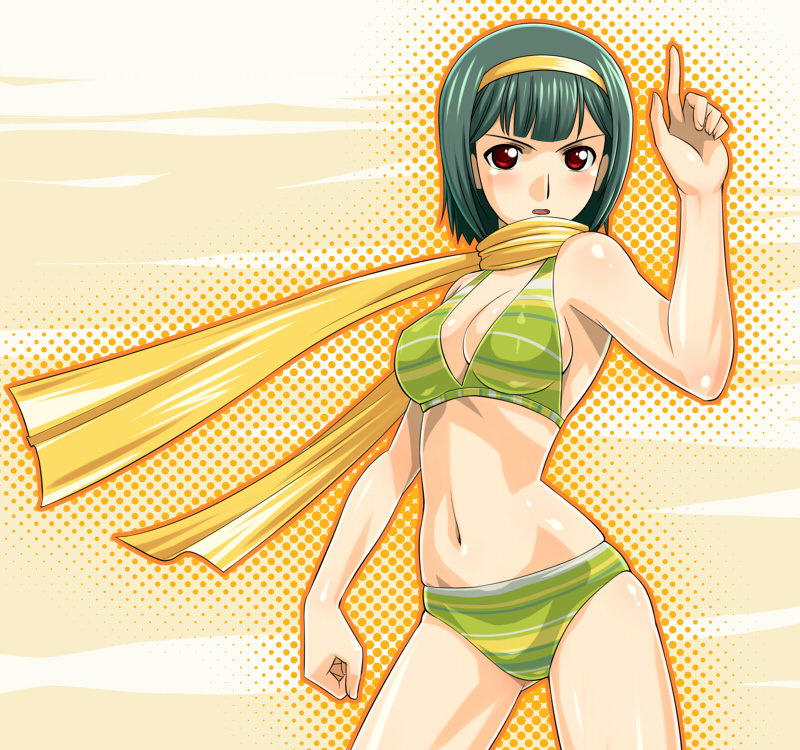 muhi11234, otonashi kotori, idolmaster, idolmaster (classic), 00s, 1girl, bikini, breasts, female focus, finger gun, green bikini, green hair, hairband, navel, pointing, pointing up, red eyes, scarf, short hair, solo, swimsuit