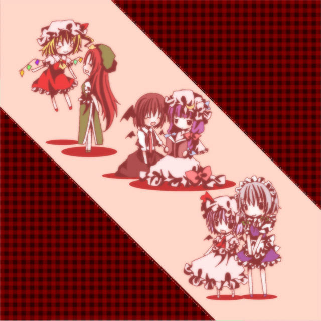 kasuga sunao, flandre scarlet, hong meiling, izayoi sakuya, koakuma, patchouli knowledge, remilia scarlet, embodiment of scarlet devil, touhou, > <, 6+girls, chibi, closed eyes, female focus, hat, maid, multiple girls, skirt