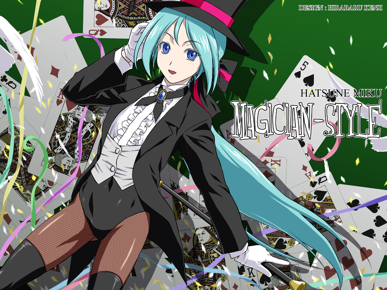 iga tomoteru, hatsune miku, hatsune miku (magician), miracle paint (vocaloid), project diva, project diva (series), vocaloid, baton, bad id, bad pixiv id, 1girl, :d, ace (playing card), alternate costume, alternate hairstyle, aqua hair, bird, black pantyhose, blazer, blue eyes, bow, breasts, brooch, buttons, card, character name, clubs, confetti, covered navel, cowboy shot, dutch angle, english text, female focus, fishnet pantyhose, fishnets, frilled shirt, frills, gem, gloves, green background, green hair, hair bow, hand on own head, hand up, hat, holding, jacket, jewelry, king (playing card), long hair, long sleeves, looking at viewer, low ponytail, magician, necktie, open clothes, open jacket, open mouth, pantyhose, parted bangs, playing card, ponytail, queen (playing card), shadow, shirt, small breasts, smile, solo, spade, standing, streamers, thighhighs, top hat, very long hair, vest, waistcoat, white gloves, white shirt
