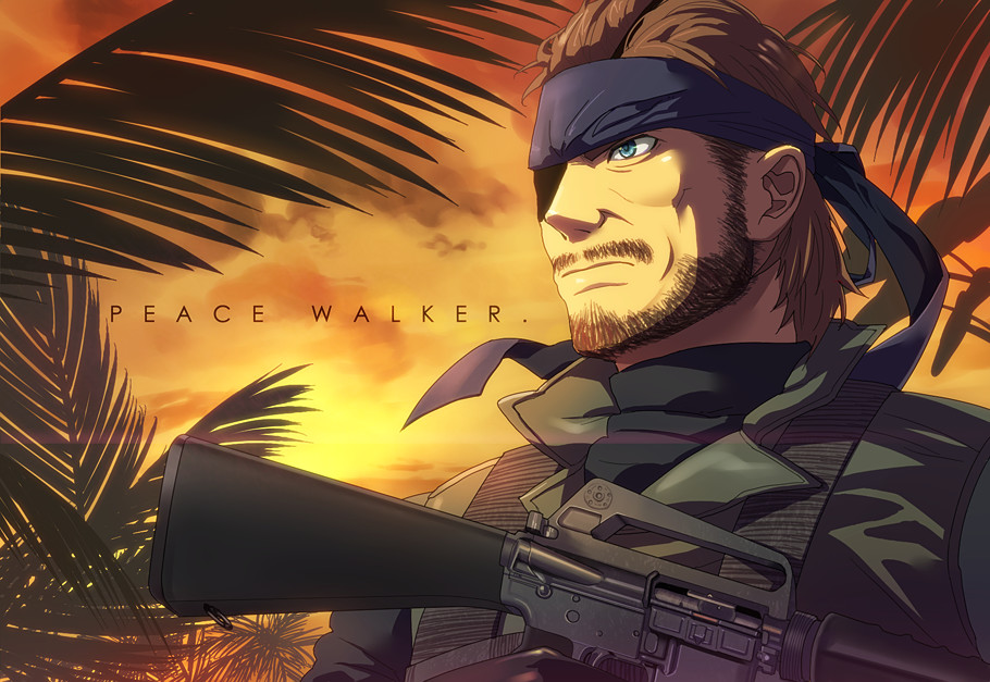 hinoe (dd works), big boss, konami, metal gear (series), metal gear solid: peace walker, bad id, bad pixiv id, 1boy, beard, blue eyes, brown hair, eyepatch, facial hair, gun, headband, male focus, manly, military, military uniform, solo, weapon
