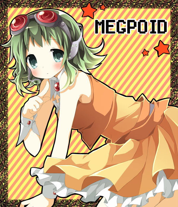 chiruku, gumi, vocaloid, bad id, bad pixiv id, 1girl, blush, female focus, goggles, green eyes, green hair, headphones, headset, matching hair/eyes, skirt, solo, wing collar, wrist cuffs