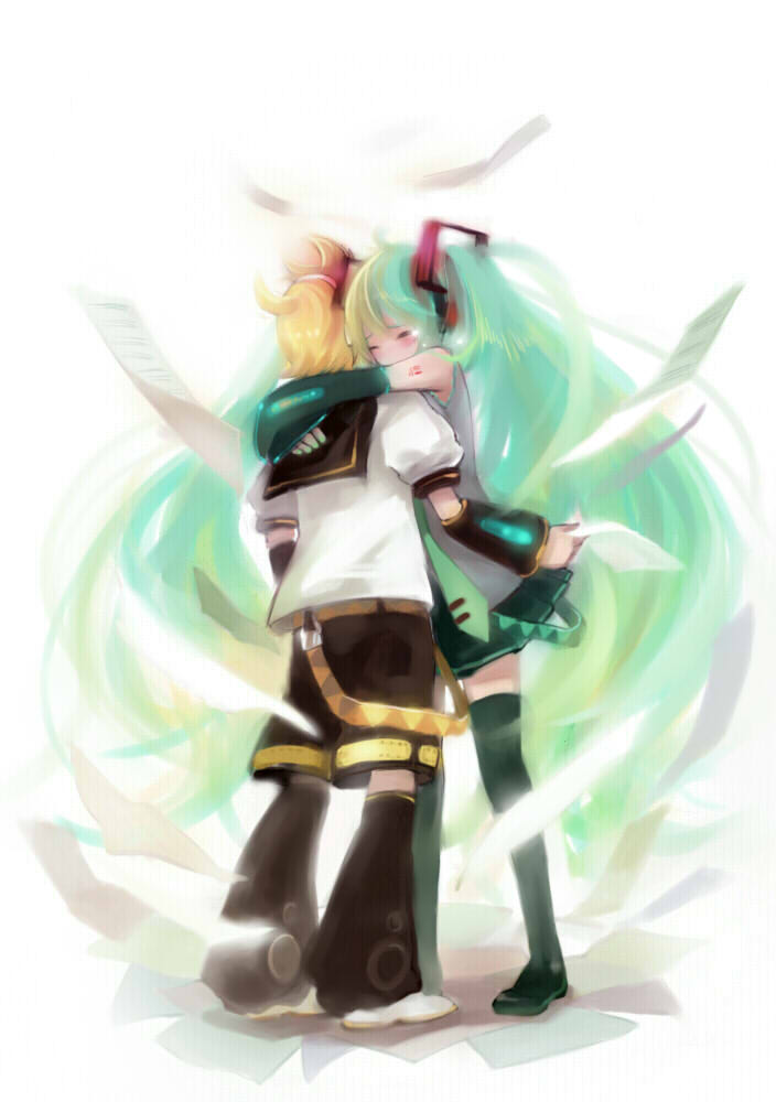 shell (shell518), hatsune miku, kagamine len, vocaloid, bad id, bad pixiv id, 1boy, 1girl, aqua hair, blonde hair, blush, closed eyes, detached sleeves, flying paper, hetero, hug, long hair, paper, short hair, shorts, skirt, tears, thighhighs, twintails, zettai ryouiki