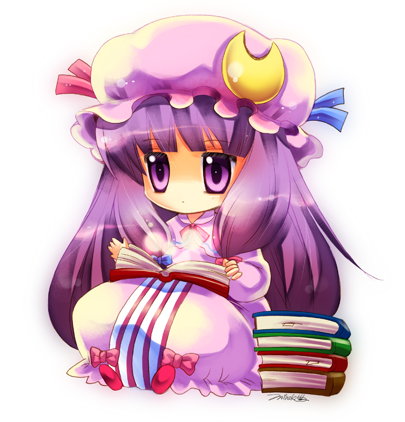 mineko, patchouli knowledge, touhou, bad id, bad pixiv id, 1girl, book, chibi, female focus, full body, gradient background, hat, long hair, purple eyes, purple hair, solo