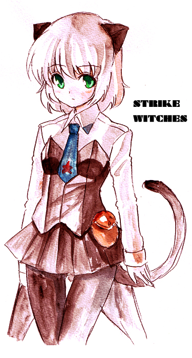 kidaniel, kidanieru, sanya v. litvyak, strike witches, world witches series, silver hair, bad id, bad pixiv id, traditional media, 00s, 1girl, animal ears, black pantyhose, cat ears, cat tail, female focus, green eyes, military, military uniform, necktie, pantyhose, short hair, solo, tail