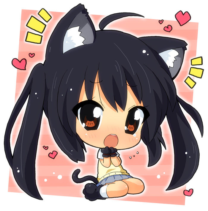 hahifuhe, nakano azusa, k-on!, 00s, 1girl, animal ears, black hair, blush, brown eyes, cat ears, cat girl, cat tail, chibi, female focus, heart, long hair, open mouth, school uniform, sitting, skirt, socks, solo, tail, twintails