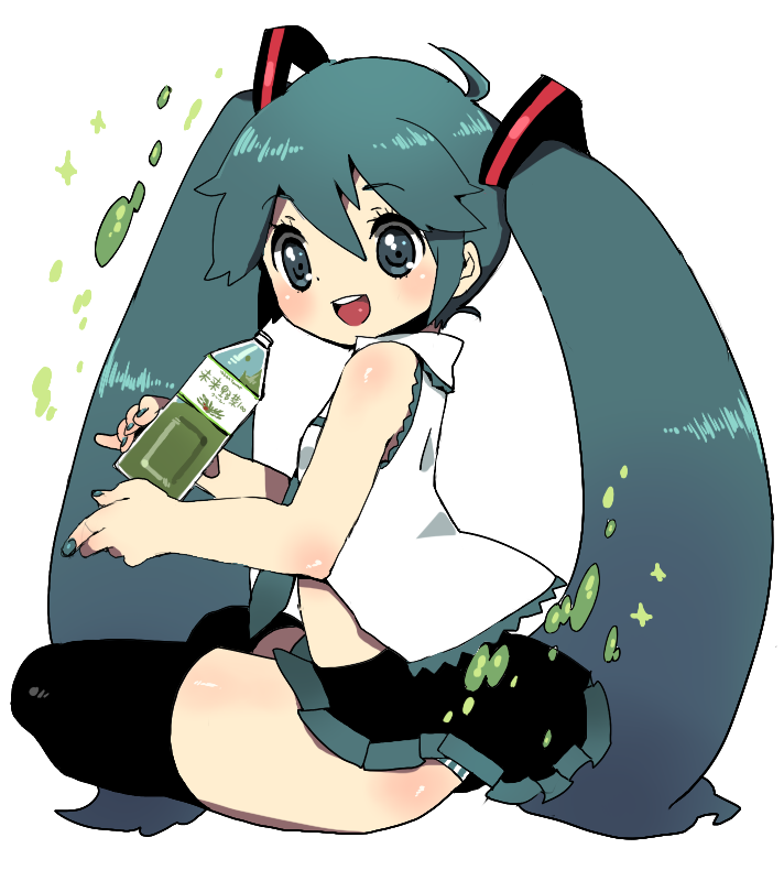 ichihaya, hatsune miku, poppippoo (vocaloid), vocaloid, ahoge, aqua eyes, aqua hair, bottle, chibi, long hair, looking back, panties, pantyshot, simple background, sitting, skirt, smile, solo, thighhighs, twintails, underwear, zettai ryouiki
