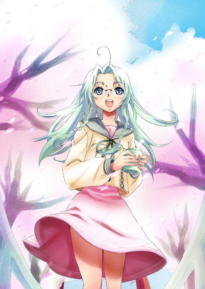 kawagoe pochi, original, bad id, bad pixiv id, blue eyes, blue hair, braid, cherry blossoms, dress, glasses, petals, solo, twin braids, wind