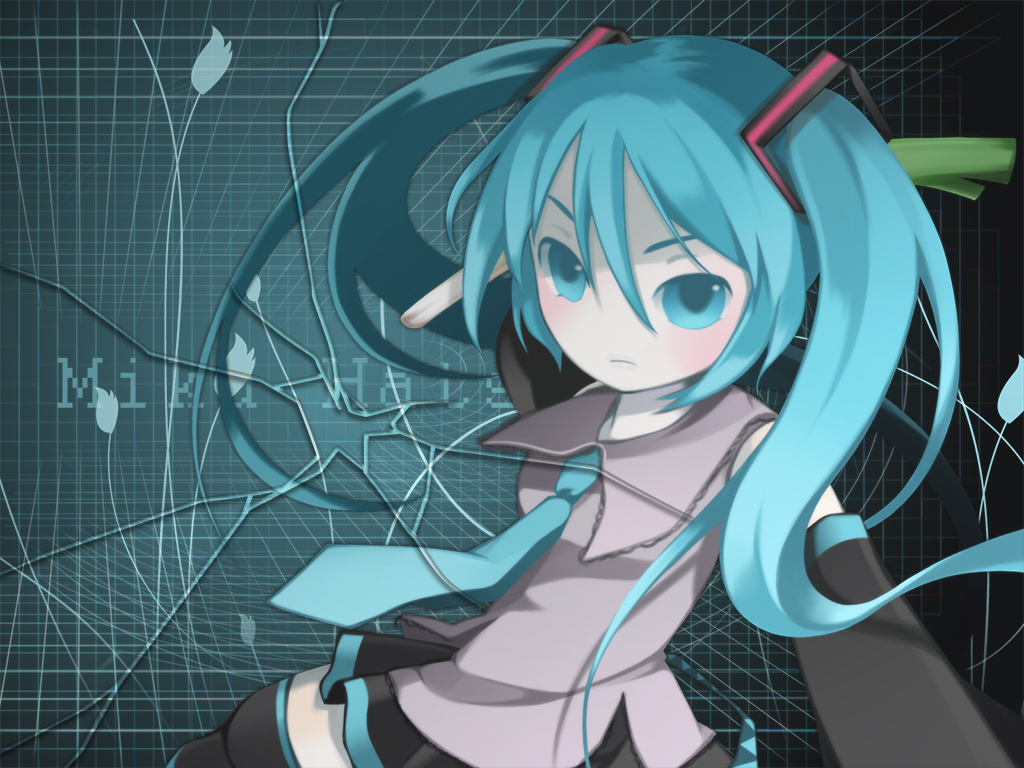 yuge, yuge sasatarou, hatsune miku, vocaloid, aqua eyes, aqua hair, detached sleeves, long hair, necktie, skirt, solo, spring onion, thighhighs, twintails