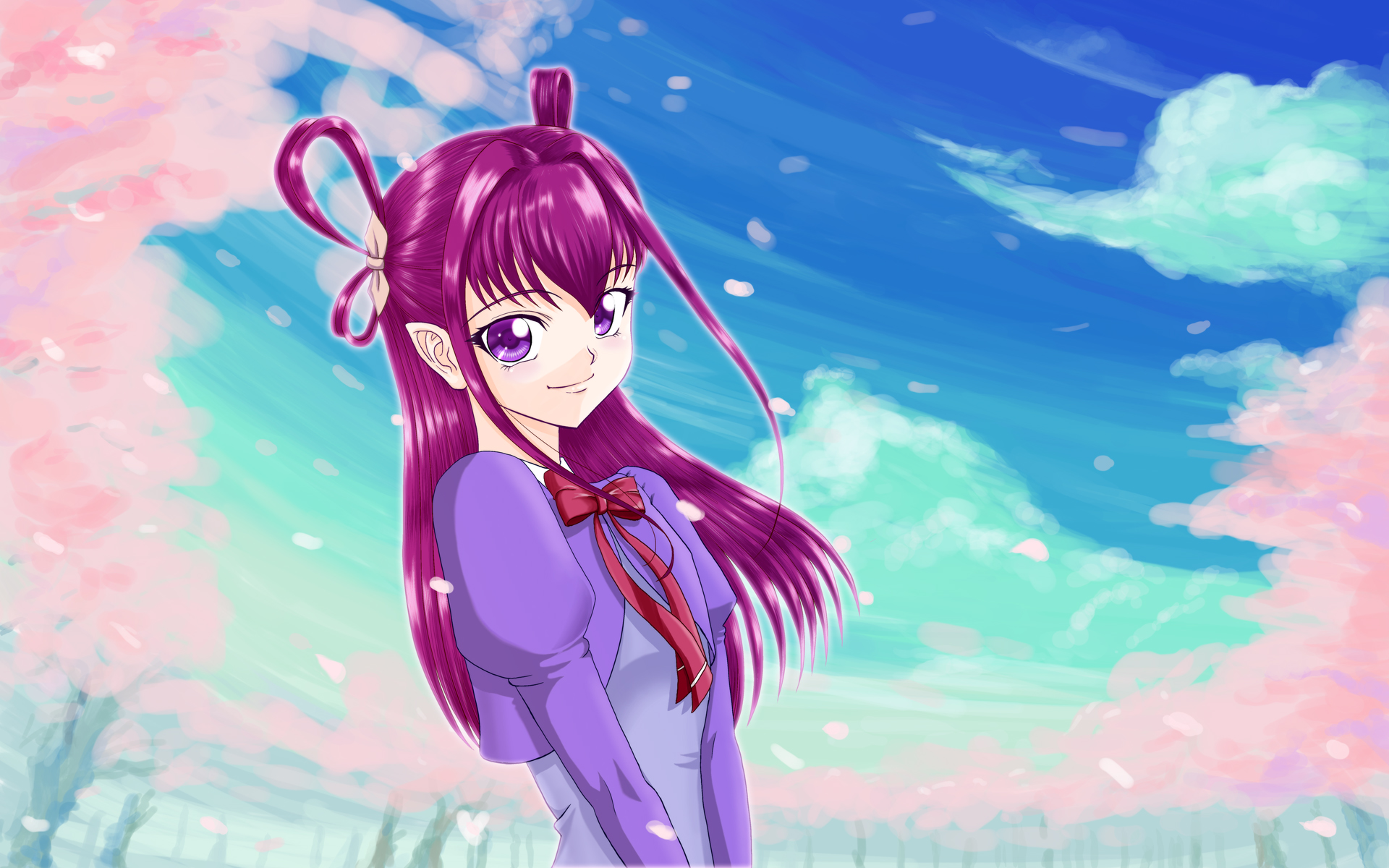 souma nouma, dark dream, precure, yes! precure 5, highres, 00s, 1girl, cherry blossoms, dark cure (yes! precure 5), day, eyelashes, female focus, purple eyes, purple hair, school uniform, sky, solo, spring (season)