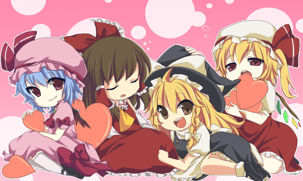 ayatamushi, flandre scarlet, hakurei reimu, kirisame marisa, remilia scarlet, touhou, bad id, bad pixiv id, 4girls, blonde hair, blue hair, braid, brown hair, chibi, detached sleeves, dress, female focus, hat, heart, japanese clothes, miko, multiple girls, ponytail, red eyes, short hair, side ponytail, sleeping, wings, witch, witch hat, yellow eyes