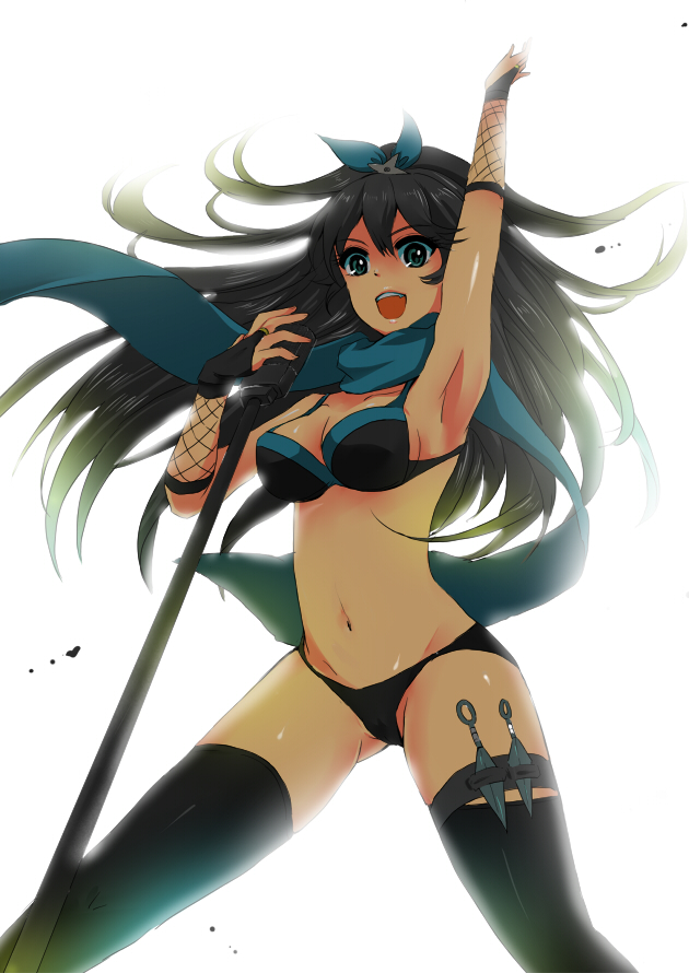 masaki (celesta), ganaha hibiki, idolmaster, idolmaster (classic), bad id, bad pixiv id, 00s, 1girl, armpits, bikini, black bikini, black hair, black thighhighs, bow, breasts, female focus, hair bow, high ponytail, kunai, large breasts, microphone, microphone stand, navel, ponytail, scarf, shuriken, simple background, solo, swimsuit, thighhighs, weapon