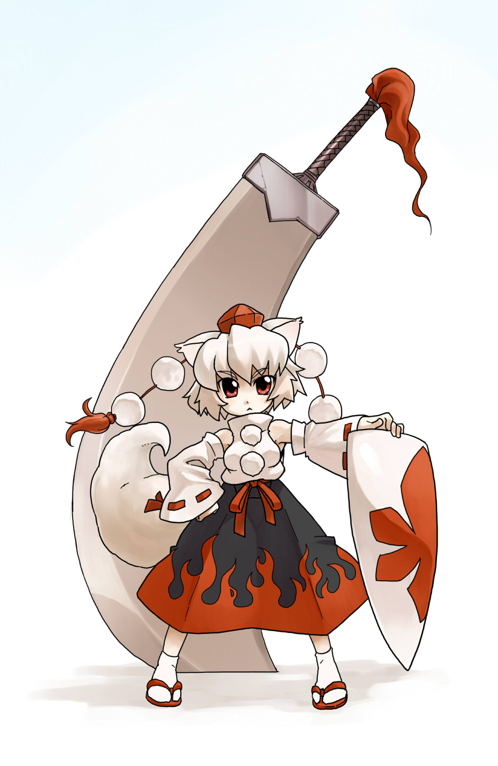 fenne, phenne, inubashiri momiji, touhou, highres, 1girl, :<, alternate weapon, animal ears, chibi, detached sleeves, female focus, geta, hat, huge weapon, red eyes, sandals, shield, short hair, solo, standing, sword, tail, tokin hat, weapon, white hair, wolf ears, wolf tail