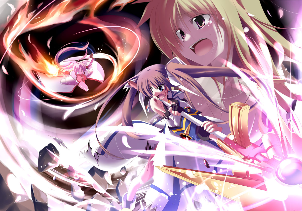 kazekawa nagi, fate testarossa, laevatein (nanoha), raising heart, signum, takamachi nanoha, lyrical nanoha, mahou shoujo lyrical nanoha, mahou shoujo lyrical nanoha strikers, stone, 00s, 3girls, arm guards, armor, battle, blonde hair, blood, blue eyes, brown hair, coat, debris, energy, fingerless gloves, fire, flaming sword, flaming weapon, floating, gloves, hair ribbon, long hair, long sleeves, multiple girls, outstretched arms, overcoat, pink hair, ponytail, puffy sleeves, red eyes, ribbon, shouting, spread arms, staff, sword, tears, torn clothes, twintails, very long hair, weapon, whip sword