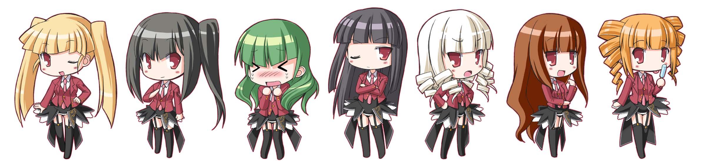 tako (all delete), tako (artist), asmodeus (umineko), beelzebub (umineko), belphegor (umineko), leviathan (umineko), lucifer (umineko), mammon (umineko), satan (umineko), stakes of purgatory, umineko no naku koro ni, highres, long image, wide image, > <, 00s, 6+girls, chibi, closed eyes, multiple girls, necktie, pink necktie, red eyes, thighhighs