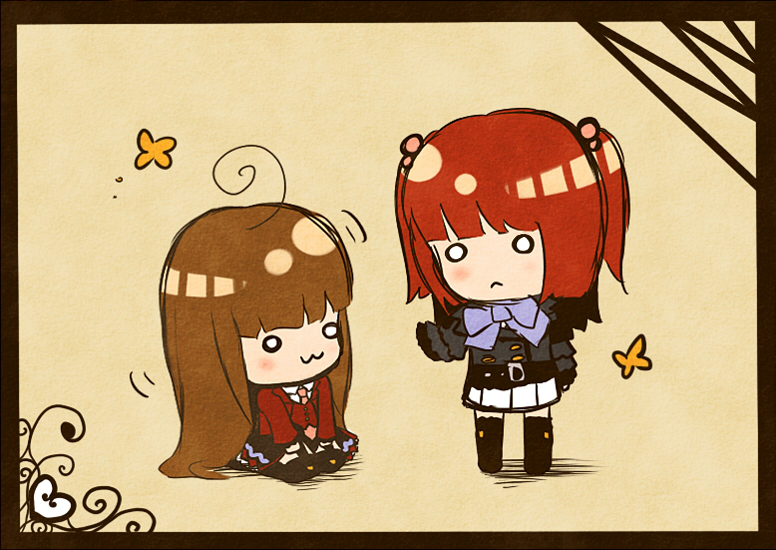 tae (tales), mammon (umineko), stakes of purgatory, ushiromiya ange, umineko no naku koro ni, bad id, bad pixiv id, 00s, 2girls, :<, :3, blush, bow, brown hair, bug, butterfly, chibi, hair bobbles, hair ornament, insect, long hair, multiple girls, o o, red hair, skirt, socks, thighhighs