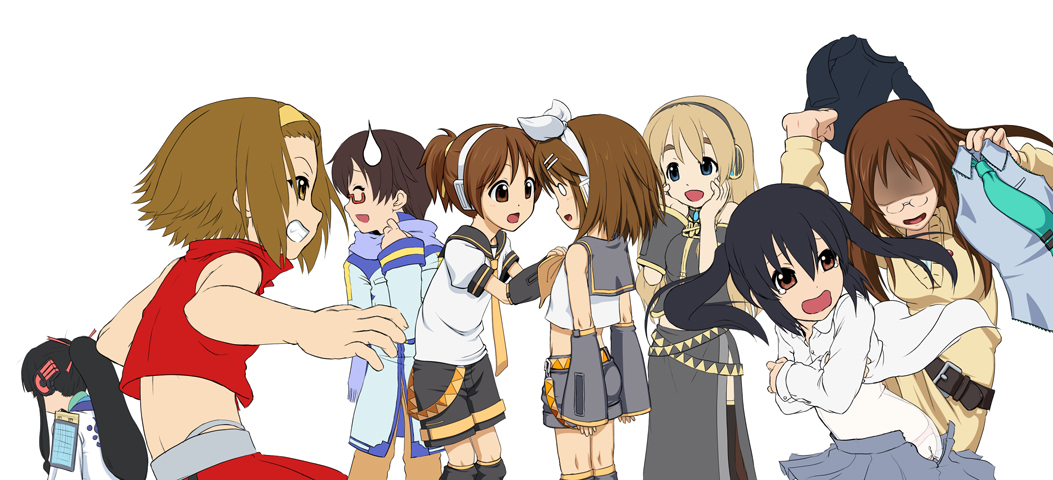 caryo, takeda yukimura, akiyama mio, hirasawa ui, hirasawa yui, kagamine len, kagamine rin, kaito (vocaloid), kamui gakupo, kotobuki tsumugi, manabe nodoka, megurine luka, meiko (vocaloid), nakano azusa, tainaka ritsu, yamanaka sawako, k-on!, meltdown, vocaloid, 6+girls, cosplay, forced dressing, kagamine len (cosplay), kagamine rin (cosplay), kaito (cosplay), kamui gakupo (cosplay), megurine luka (cosplay), meiko (cosplay), multiple girls, pantyhose