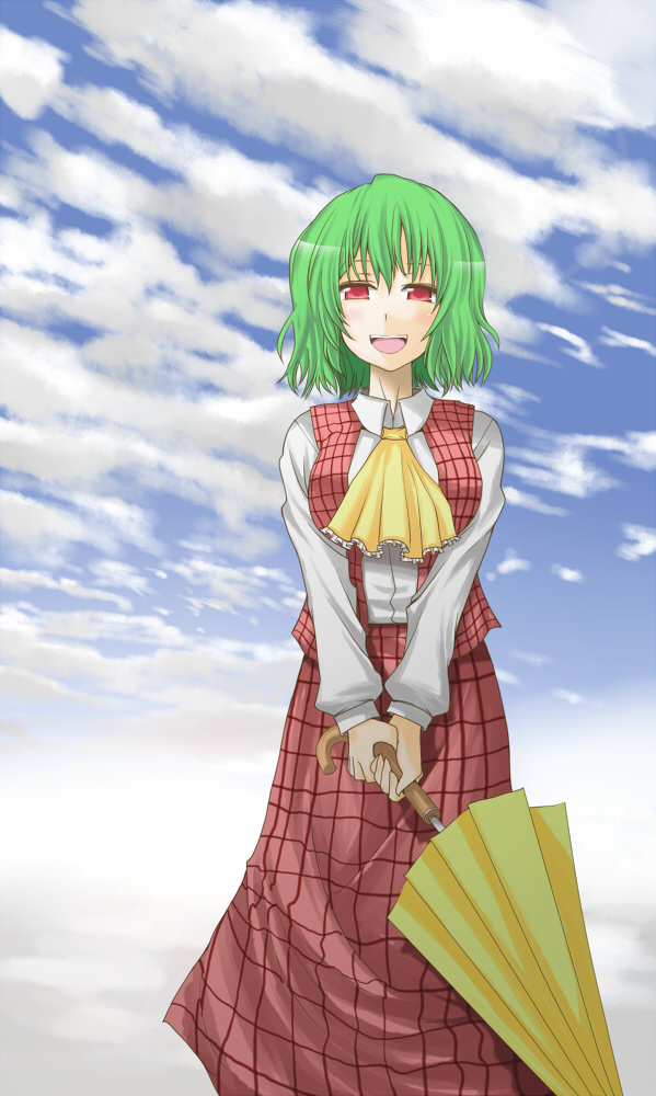 hane (hanegoya), kazami yuuka, touhou, bad id, bad pixiv id, 1girl, ascot, blush, closed umbrella, cloud, day, female focus, green hair, open mouth, plaid clothes, plaid skirt, plaid vest, red eyes, short hair, skirt, skirt set, sky, smile, solo, standing, umbrella, vest