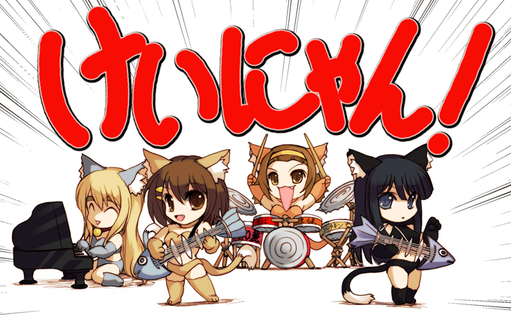 hisahiko, akiyama mio, hirasawa yui, kotobuki tsumugi, tainaka ritsu, k-on!, translation request, 00s, 4girls, animal ears, animal hands, band (music), blue eyes, cat ears, cat paws, cat tail, drum, drum set, guitar, ho-kago tea time, instrument, keyboard, mini piano, multiple girls, piano, tail