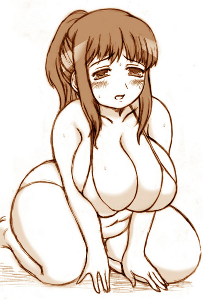 itou yukino, real drive, 1girl, bikini, blush, breasts, brown theme, cleavage, female focus, high ponytail, hip focus, large breasts, monochrome, no eyewear, plump, ponytail, short hair, simple background, sketch, solo, swimsuit, thick thighs, thighs, white background, wide hips