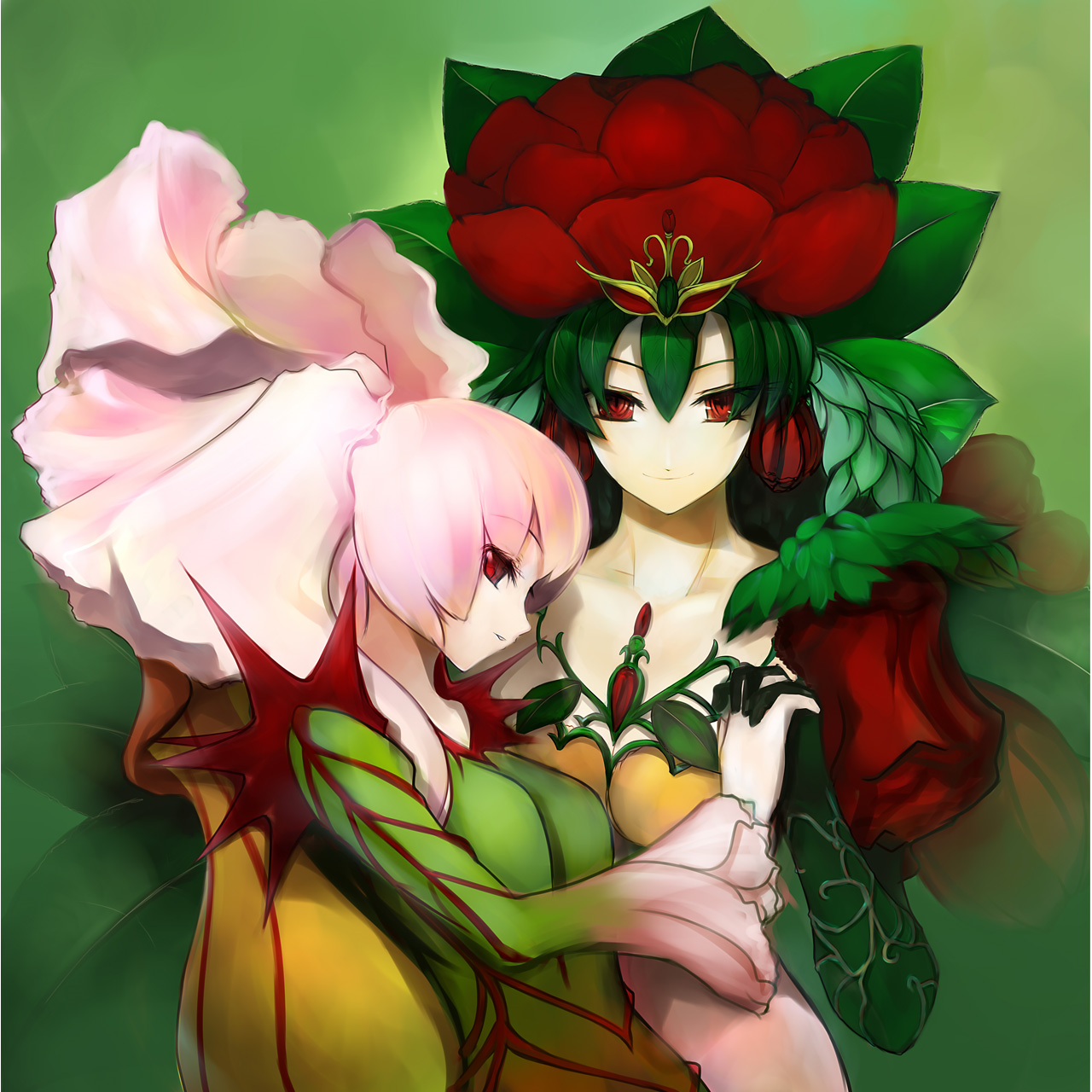 pupps, botanical girl, tytannial princess of camellias, yu-gi-oh!, highres, 2girls, duel monster, flower, green hair, leaf, long sleeves, monster girl, multiple girls, pink hair, plant girl, red eyes, rose