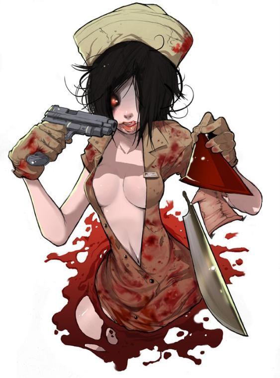 bubble head nurse, nurse (silent hill), pyramid head, silent hill, silent hill (series), silent hill 2, blade, black hair, blood, breasts, creepy, gloves, gun, handgun, hat, licking lips, monster girl, nurse, pistol, red eyes, tongue, tongue out, weapon