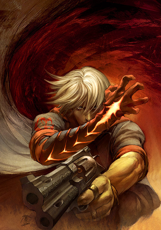 jo chen, nero (devil may cry), capcom, devil may cry (series), devil may cry 4, silver hair, 00s, 1boy, blue eyes, blue rose (gun), demon, devil bringer, gun, handgun, male focus, revolver, solo, weapon