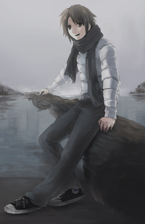 koizumi itsuki, converse, suzumiya haruhi no yuuutsu, 00s, beach, dark, male focus, scarf, smile