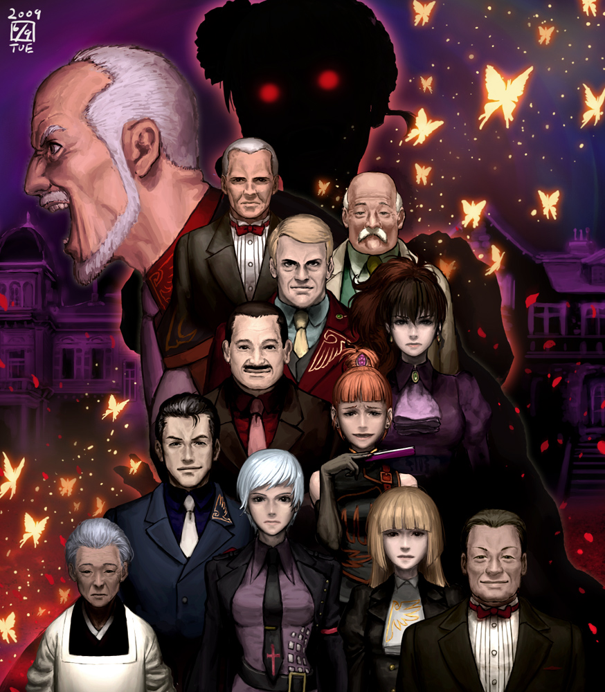 ikeda (cpt), beatrice (umineko), gouda toshirou, kumasawa chiyo, nanjou terumasa, ronoue genji, ushiromiya eva, ushiromiya hideyoshi, ushiromiya kinzou, ushiromiya krauss, ushiromiya kyrie, ushiromiya natsuhi, ushiromiya rosa, ushiromiya rudolf, 07th expansion, no naku koro ni (series), umineko no naku koro ni, 00s, 2009, 6+boys, 6+girls, bug, building, butterfly, formal clothes, hand fan, hime cut, insect, multiple boys, multiple girls, necktie, petals, realistic, red eyes