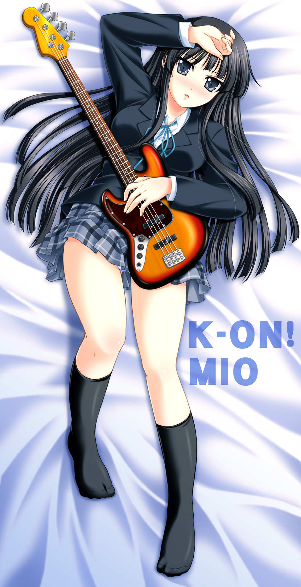akino shin, akiyama mio, k-on!, highres, 00s, 1girl, bass guitar, bed, black eyes, black hair, black socks, blazer, blush, female focus, hand on own head, instrument, jacket, kneehighs, legs, long hair, lying, on back, panties, pantyshot, plaid clothes, plaid skirt, school uniform, skirt, socks, solo, underwear