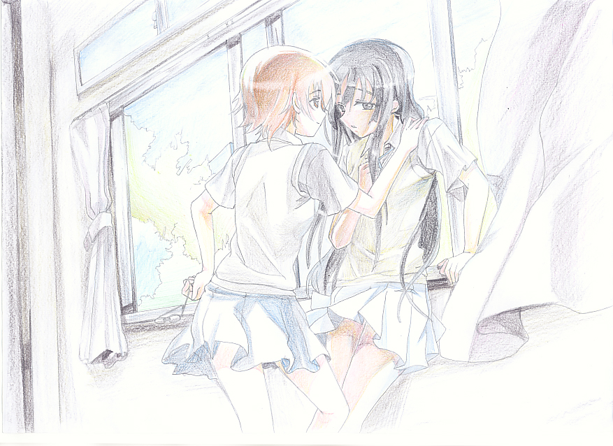 hareta, seita, akiyama mio, manabe nodoka, k-on!, colored pencil (medium), traditional media, 00s, 2girls, black eyes, black hair, brown hair, glasses, hand on own hip, hip focus, indoors, long hair, multiple girls, school uniform, short hair, sky, smile, thighhighs, unworn eyewear, window, yuri