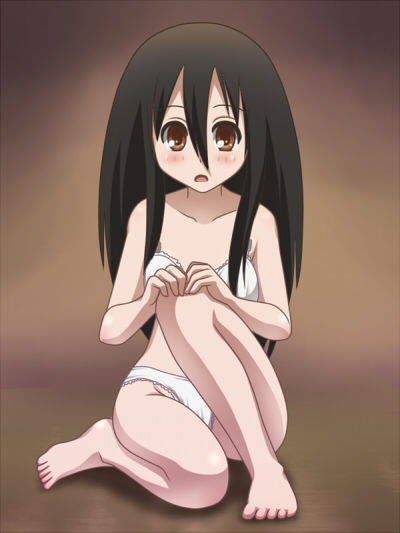 awa, komori kiri, sayonara zetsubou sensei, 00s, 1girl, black hair, blush, bra, brown eyes, female focus, hair between eyes, lace, lace-trimmed bra, lace-trimmed panties, lace trim, lingerie, long hair, on one knee, open mouth, panties, sitting, solo, underwear, underwear only