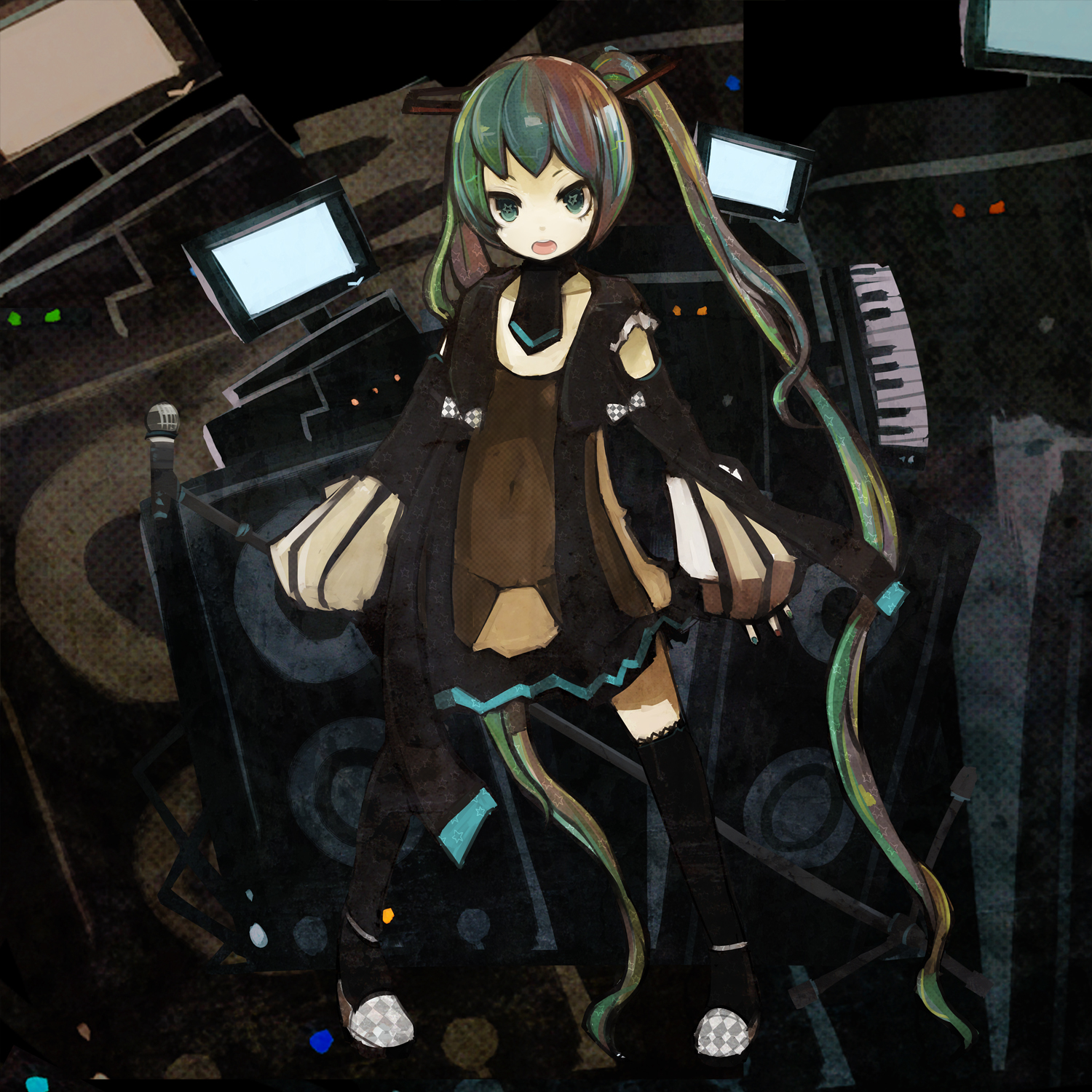 nekotewi, hatsune miku, vocaloid, bad id, bad pixiv id, highres, + +, aqua eyes, brown hair, computer, detached sleeves, green hair, hair ribbon, instrument, keyboard, keyboard (instrument), long hair, long sleeves, microphone, microphone stand, monitor, multicolored hair, nail polish, navel, necktie, open mouth, ribbon, see-through clothes, skirt, solo, speaker, star (symbol), thighhighs, twintails, very long hair, zettai ryouiki
