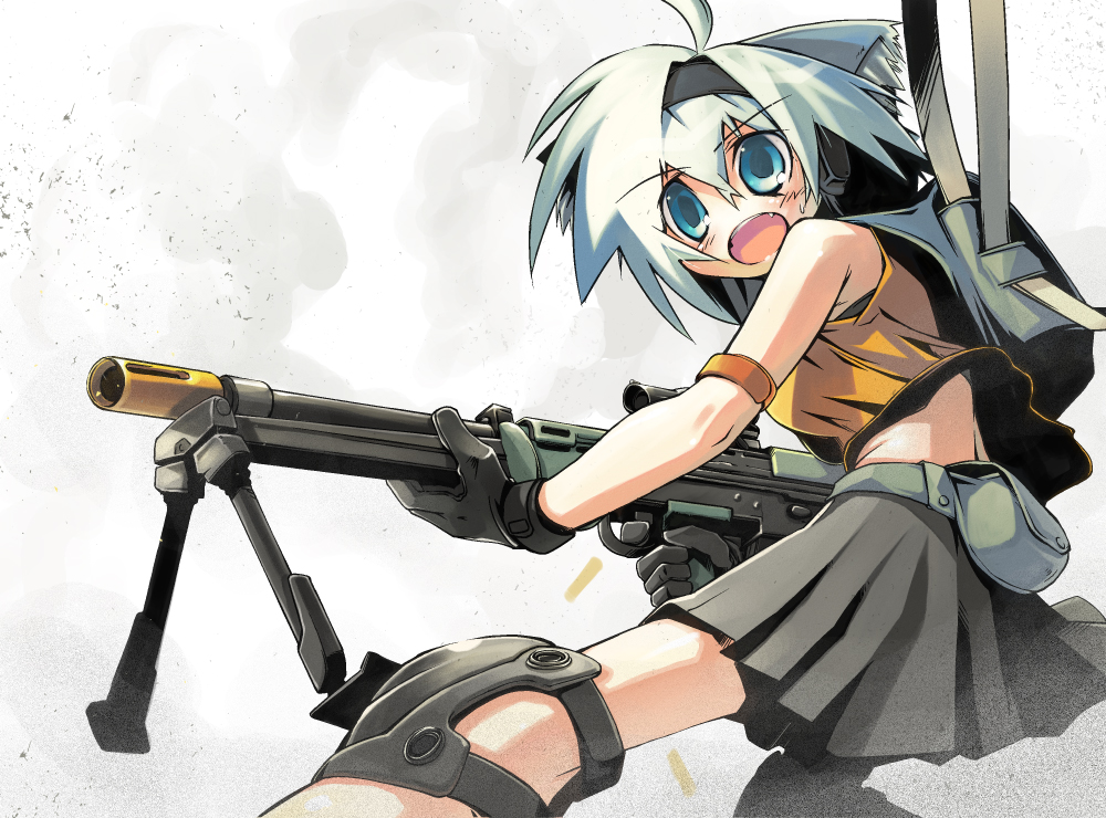 nanaroku (fortress76), original, 1girl, ahoge, armband, assault rifle, backpack, bag, belt pouch, bipod, blue eyes, blush, bullpup, casing ejection, female focus, gloves, gun, hairband, knee pads, l85, machine gun, open mouth, pouch, randoseru, rifle, sa80, shell casing, skirt, solo, squad automatic weapon, weapon, white hair