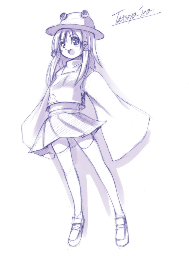 seo tatsuya, moriya suwako, touhou, 1girl, artist name, female focus, hair ribbon, hat, long sleeves, monochrome, purple eyes, purple theme, ribbon, signature, skirt, smile, solo, thighhighs, zettai ryouiki
