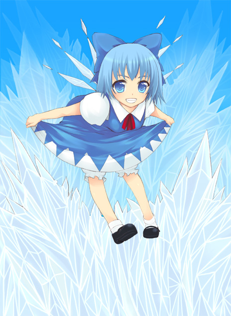 sakurai unan, cirno, embodiment of scarlet devil, touhou, bloomers, blue eyes, blue hair, curtsey, grin, ice, ribbon, short hair, skirt hold, smile, socks, solo, underwear, wings