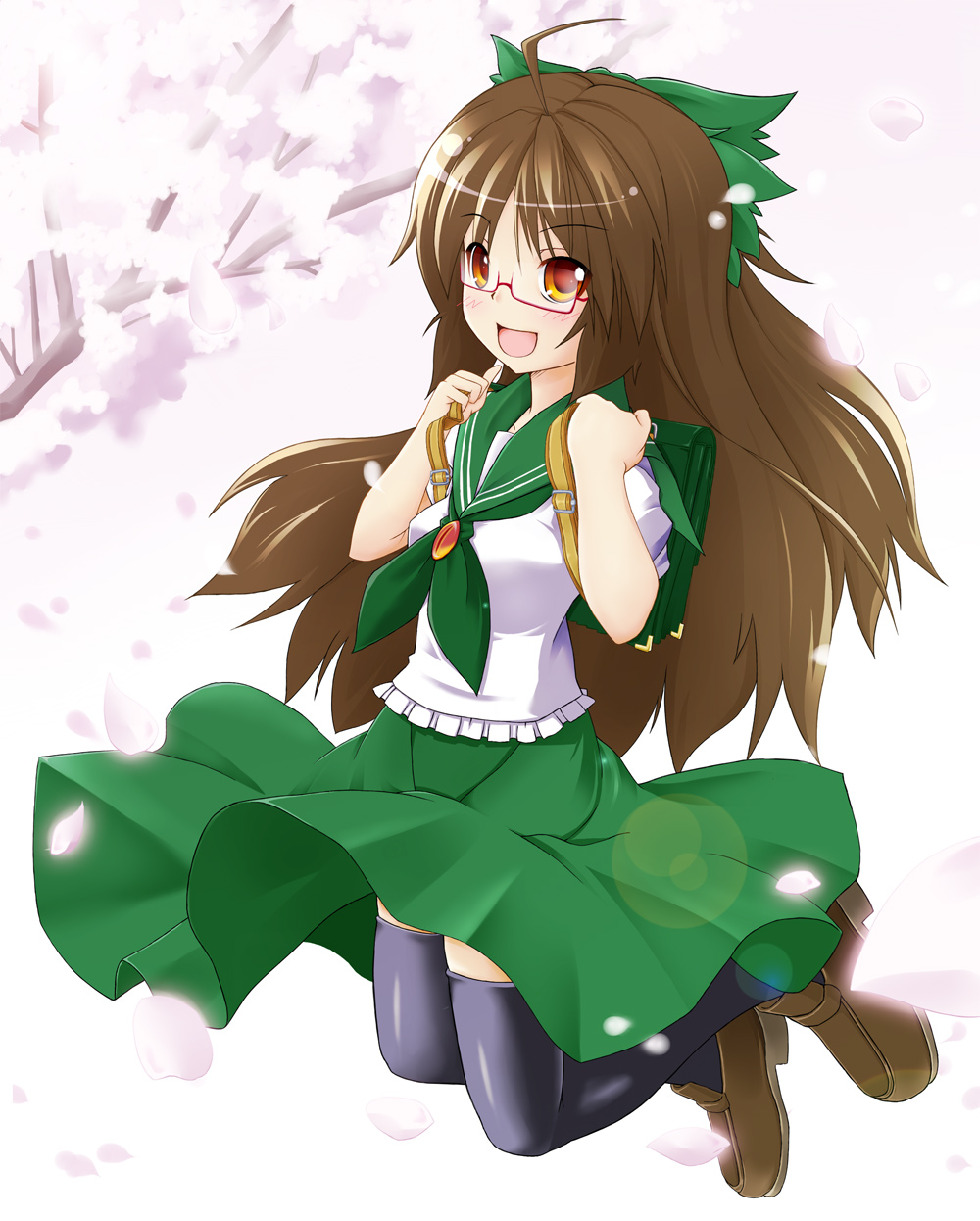 altivr, kanzaki sora, reiuji utsuho, touhou, bad id, bad pixiv id, highres, 1girl, ahoge, alternate costume, backpack, bag, bespectacled, black thighhighs, bow, brown hair, cherry blossoms, contemporary, female focus, glasses, hair bow, hair ribbon, jumping, long hair, orange eyes, petals, randoseru, red eyes, ribbon, school uniform, serafuku, solo, thighhighs