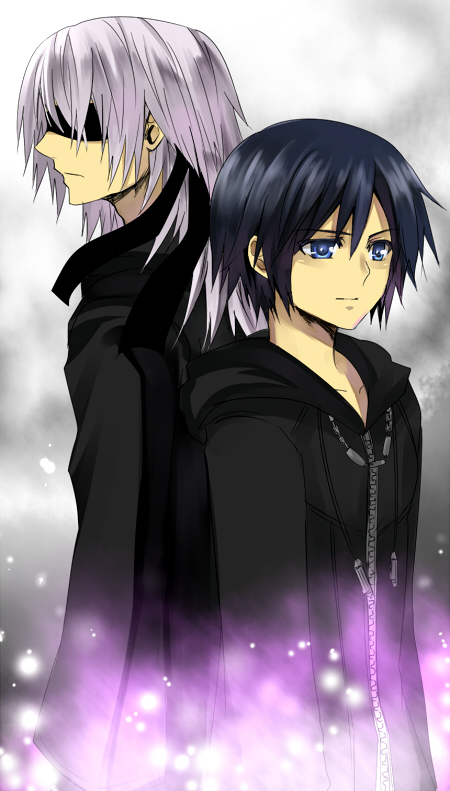 meru, riku (kingdom hearts), xion (kingdom hearts), kingdom hearts, kingdom hearts 358/2 days, silver hair, 1boy, 1girl, back-to-back, black coat (kingdom hearts), black hair, blindfold, blue eyes, gradient background, grey background, sparkle, standing, white background, zipper