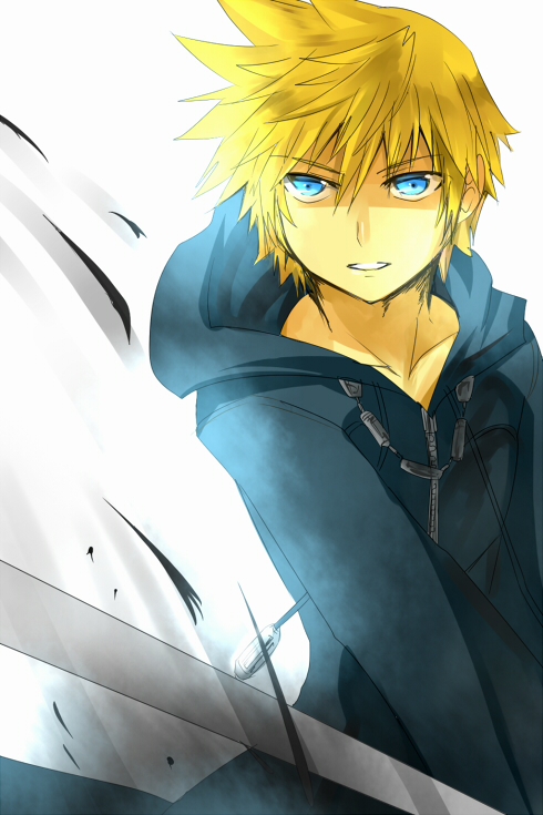 meru, organization xiii, roxas, kingdom hearts, kingdom hearts 358/2 days, 1boy, black coat (kingdom hearts), blonde hair, blue eyes, hood, hoodie, keyblade, male focus, motion blur, solo, sword, weapon, zipper