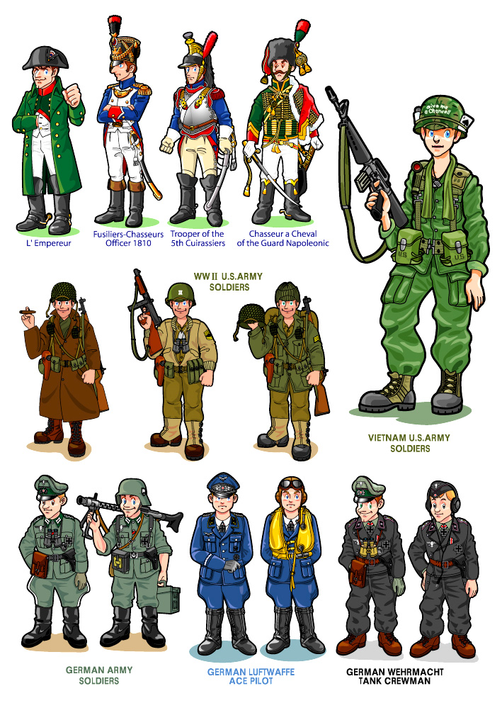 ikeoka muneharu, napoleon bonaparte, real life, 6+boys, ammunition box, assault rifle, bicorne, binoculars, black hair, blonde hair, blue eyes, boots, brown eyes, brown hair, coat, combat helmet, cross, explosive, facial hair, gloves, grenade, gun, hat, headphones, helmet, iron cross, long hair, luftwaffe, m16, m16a1, m1 garand, m1 helmet, machine gun, male focus, mg 34, military, military uniform, multiple boys, mustache, peaked cap, real life insert, rifle, scarf, shako cap, short hair, soldier, stahlhelm, submachine gun, sword, thompson submachine gun, trench coat, united states, vietnam war, weapon, wehrmacht, world war ii