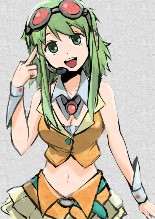 shuuhei (artist), shuuhei (shoohey), gumi, vocaloid, 1girl, female focus, goggles, green eyes, green hair, headset, matching hair/eyes, middle finger, midriff, navel, open mouth, pointing, solo