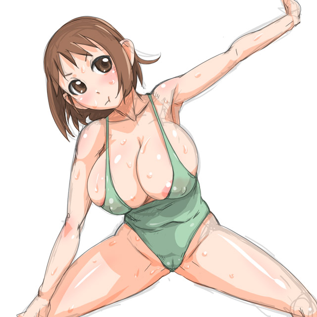 jt dong-agyoku, hinako (issho ni training), issho ni training, 00s, 10s, 1girl, armpits, breasts, cameltoe, female focus, huge breasts, leotard, simple background, solo, stretching