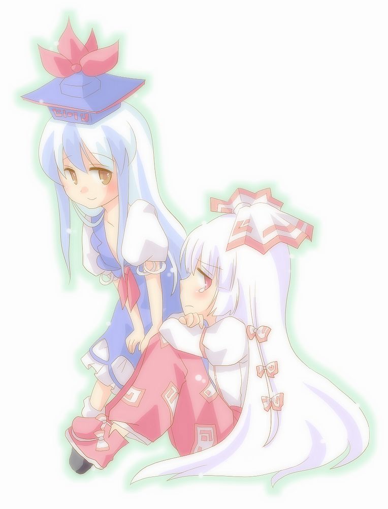 sen1986, fujiwara no mokou, kamishirasawa keine, touhou, 2girls, bow, female focus, hair bow, hat, multiple girls, multiple hair bows