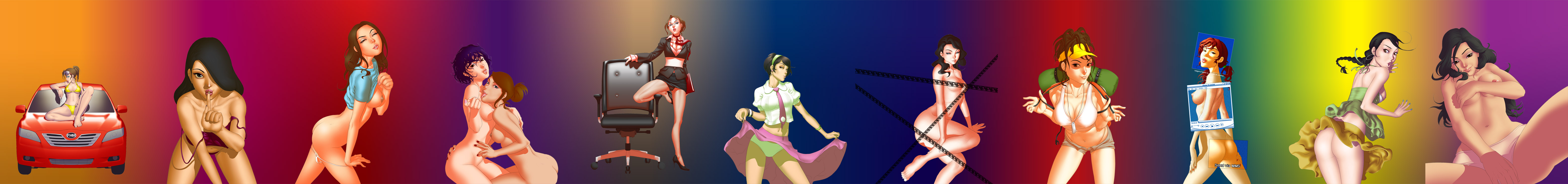 chester ocampo, vehicle, absurdres, highres, long image, wide image, backpack, bag, bikini, brown eyes, brown hair, car, collarbone, earrings, everyone, eyeshadow, glasses, hair over one eye, high heels, jewelry, lips, makeup, motor vehicle, necklace, necktie, no panties, off shoulder, office lady, panties, ponytail, shirt lift, shoes, sunglasses, swimsuit, tank top, thong, twintails, underwear, unzipped, upskirt, yuri