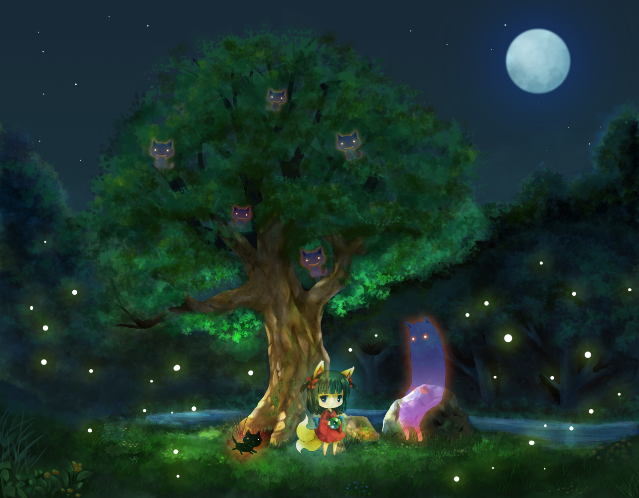 michii yuuki, original, bad id, bad pixiv id, 1girl, animal ears, bow, fox ears, fox tail, full moon, ghost, hair bow, japanese clothes, kimono, moon, painterly, star (symbol), tail, tree