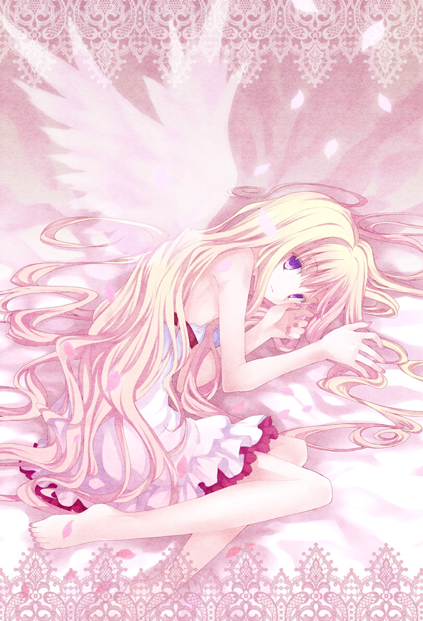 koto (colorcube), original, bad id, bad pixiv id, 1girl, angel wings, bare legs, bare shoulders, barefoot, blonde hair, dress, feet, female focus, long hair, looking at viewer, lying, nail polish, on side, pink nails, purple eyes, solo, sundress, very long hair, wings